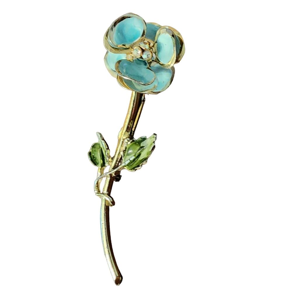 Vintage Goldtone Enamel Blue Floral Brooch Pin Rhinestone 60s Style Kennedy Twee